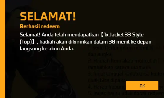 Kode Redeem FF 1x Jacket 33 Style (Top)