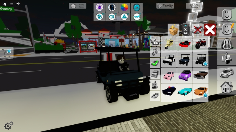 Pemain mengendarai kendaraan di Brookhaven RP Roblox dengan menu pilihan mobil terbuka di layar.